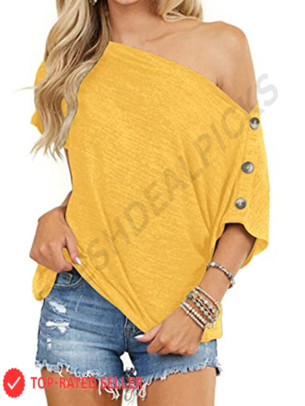 Womens Off Shoulder Tunic Top Loose Button Down Short Sleeve Shirt Blouse
